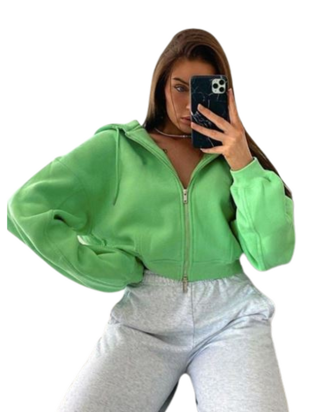 Green zipper up fashion Crop top hoodie