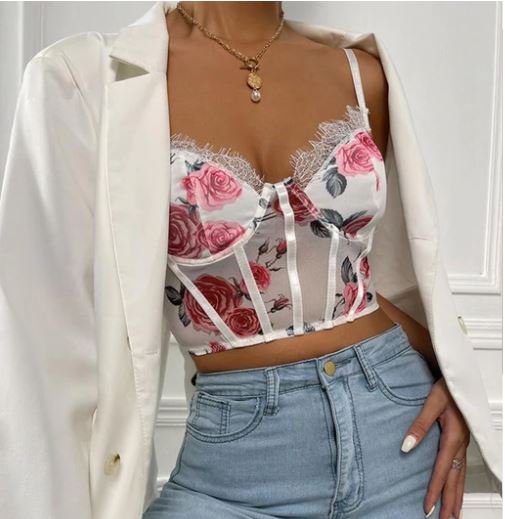 See-Through Floral Print Camisole Top