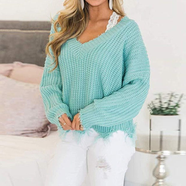 Fringe Distressed Off The Shoulder Autumn Sweater