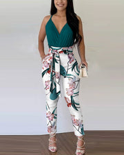 Colorblock 2-Piece Solid Pleated Top and Floral Print Pants