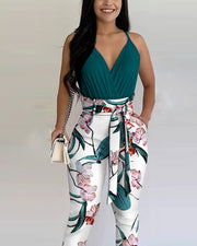 Colorblock 2-Piece Solid Pleated Top and Floral Print Pants