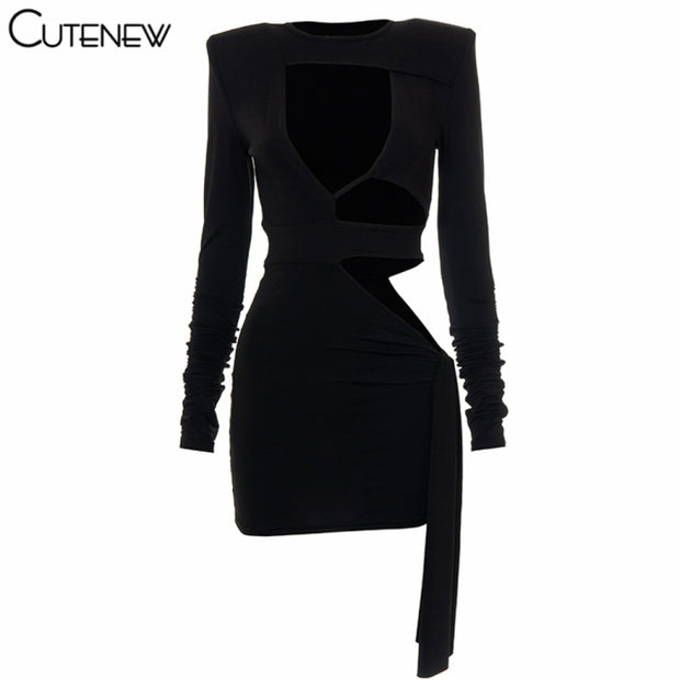 Sexy Hollow Out O-Neck Long Sleeve Bodycon Mini Dresses